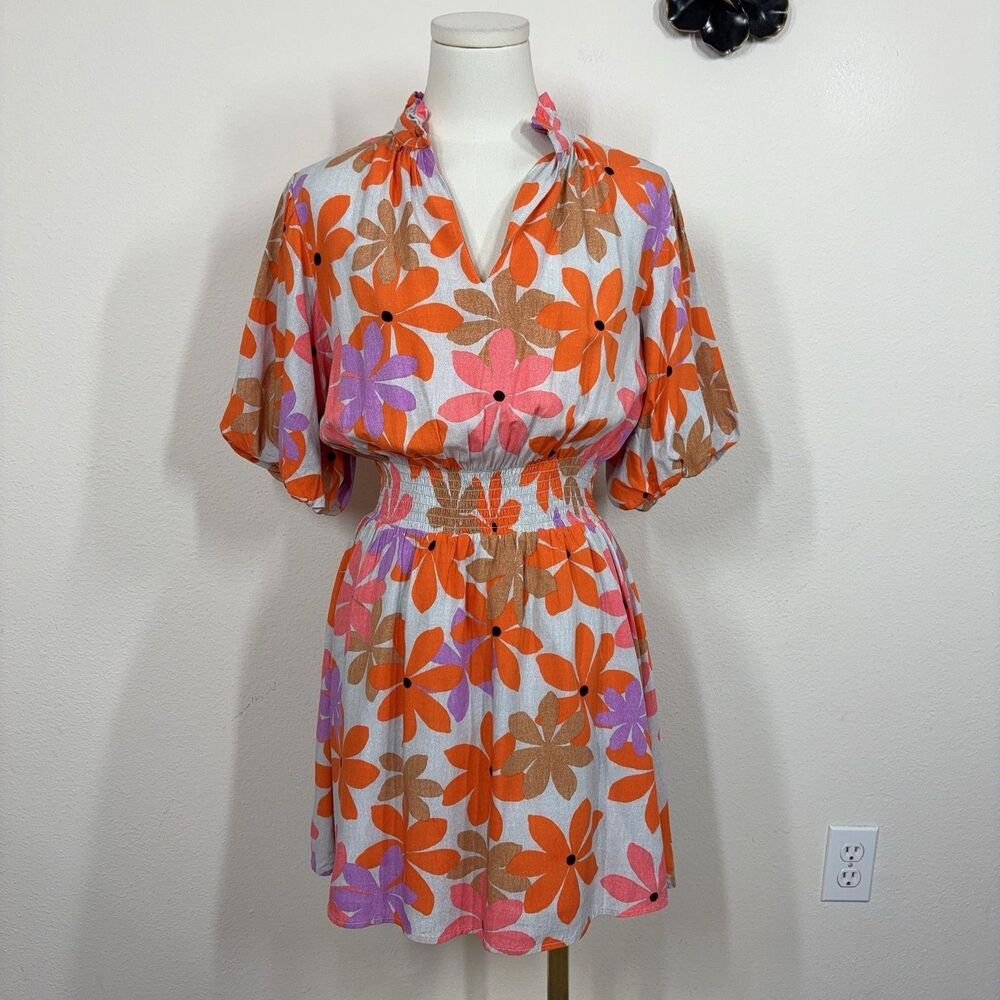 THML Dress Womens Small Floral Smocked Mini Boho Cottage Festival Hippie Retro